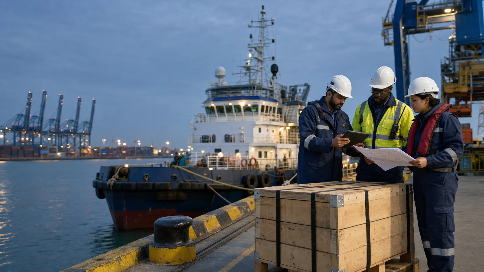 Viraya marine team coordinating equipment delivery beside a service vessel at port
