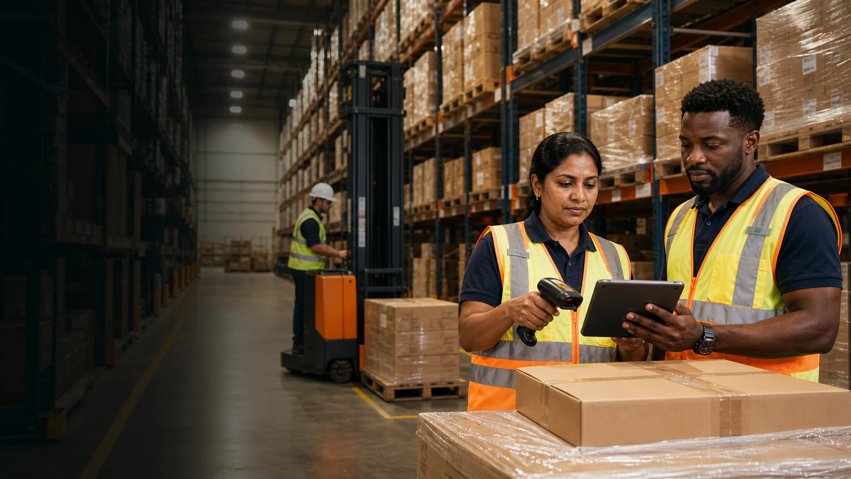 Viraya professionals checking inventory in an organised high-bay warehouse